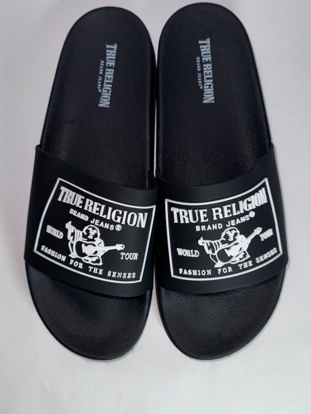 True Religion Men's Slides Sandals Black Kendricks Budda Logo Size 11 NWT
